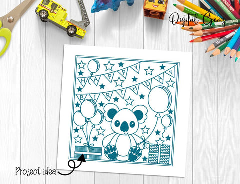 Koala, Happy Birthday foil quill / sketch / drawing design SVG Digital Gems 