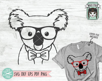 Koala SVG File, Koala With Glasses Bowtie SVG, Koala Cut File, Animal Face SVG, Cute Boy Koala SVG, Australian Animal SVG File, Eyeglasses SVG SVG Wild Pilot 