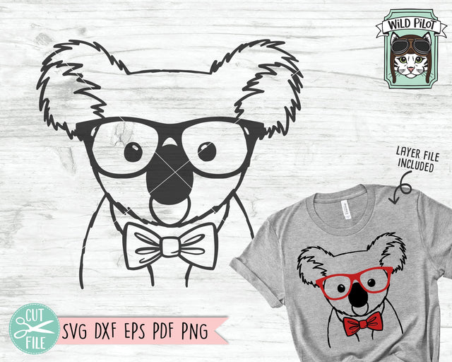 Koala SVG File, Koala With Glasses Bowtie SVG, Koala Cut File, Animal Face SVG, Cute Boy Koala SVG, Australian Animal SVG File, Eyeglasses SVG SVG Wild Pilot 