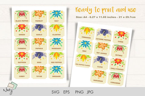 Labels for 26 spices and condiments. SVG Arts By Naty 