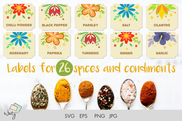 Labels for 26 spices and condiments. SVG Arts By Naty 