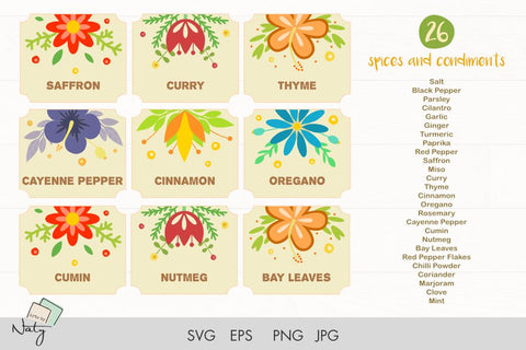 Labels for 26 spices and condiments. SVG Arts By Naty 