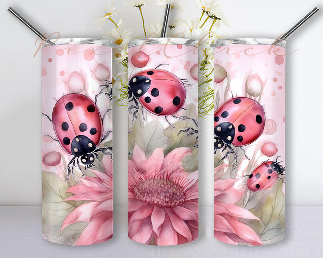 Ladybugs Watercolor Floral 20oz Skinny Tumbler Png, Spring Flowers Tumbler, Ladybird Tumbler Sublimation, Flower, Floral, Summer Daisy, Spring, Sublimation Sublimation PixelChick 