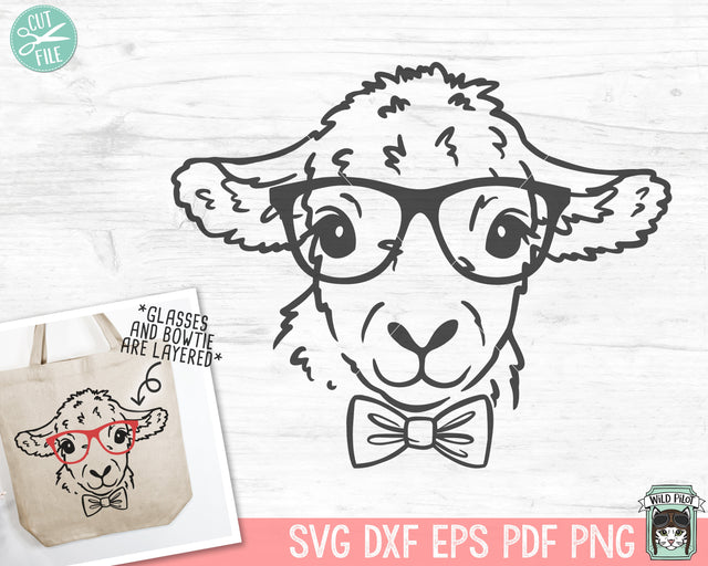 Lamb Glasses SVG Cut File, Easter SVG, Easter Lamb svg, Animal Face svg, Sheep Cut File, Lamb Glasses Bowtie, Christian svg, Sheep Glasses svg SVG Wild Pilot 