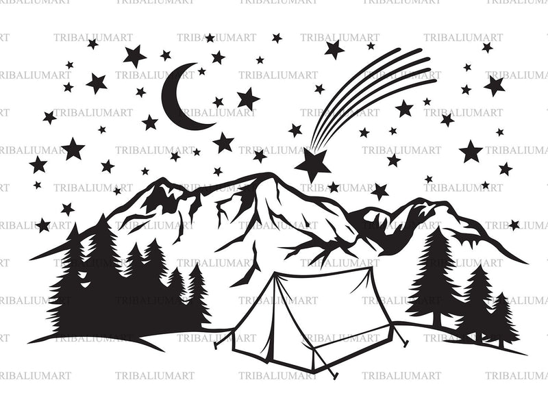 Landscape - camping in mountains. Cut files for Cricut (eps, svg, pdf ...