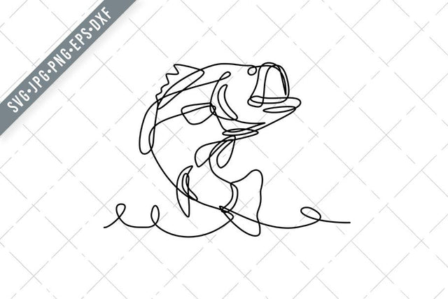 Largemouth Bass Widemouth Bass or Bigmouth Jumping Up Continuous Line Drawing SVG Patrimonio Designs Limited 