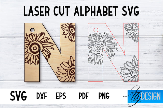 Laser Cut Alphabet with Sunflowers | Letter SVG N SVG Fly Design 
