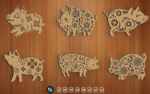 Laser Cut Pigs Decor with Flower SVG Bundle SVG naemmiah021 