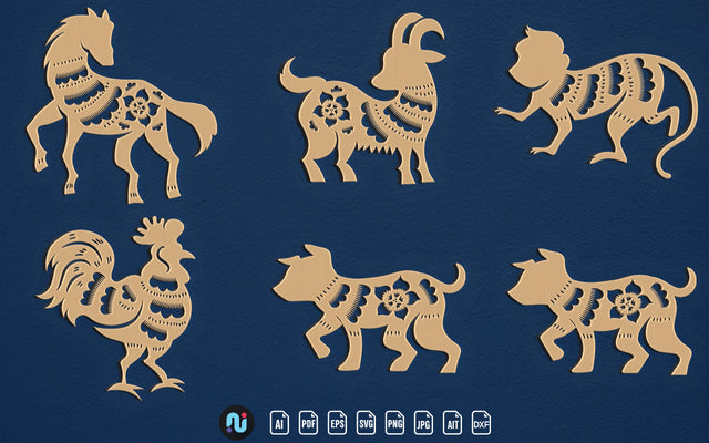 Laser/Paper Cut Chinese Zodiac Animal Flower Decor Svg Bundle SVG naemmiah021 