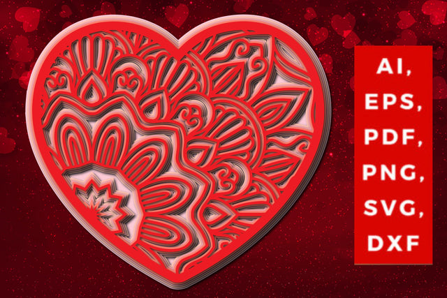 layered 3D Valentine Hearts design SVG, Layered Heart, 3D Heart, 3D Mandala, Heart Mandala, Valentine Card SVG, Papercut Heart, Valentine Mandala SVG MD JOYNAL ABDIN 