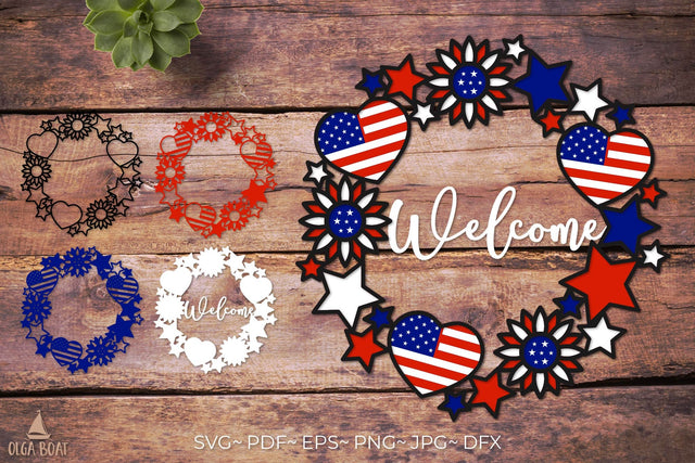 Layered 4th of july Welcome Patriotic door signs 3D Paper Olga Boat Design 