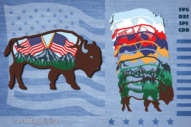 Layered Bison svg, Patriotic 4-th of july svg, USA Buffalo svg 3D Paper LanaMagDigital 