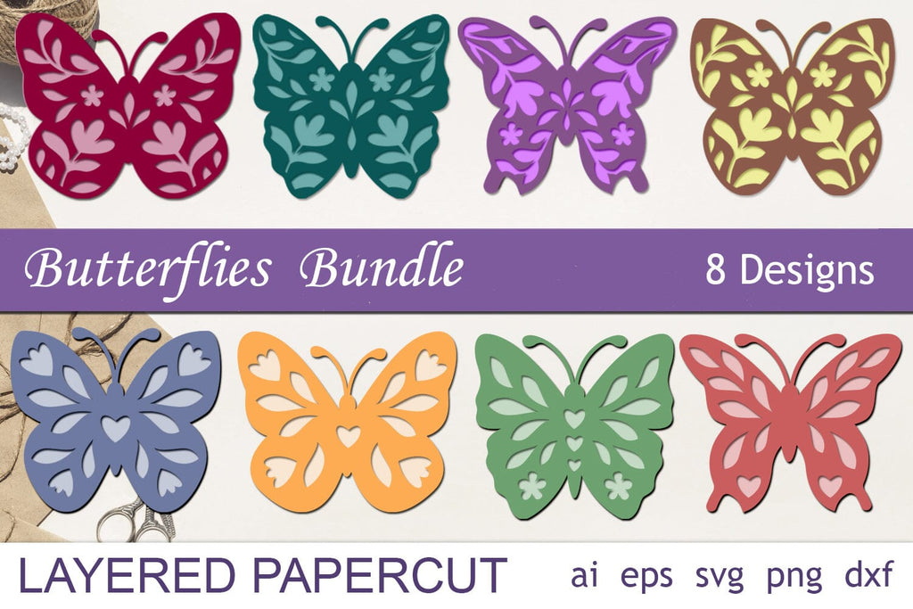 Layered butterflies and flowers svg bundle, Butterfly 3d papercut ...