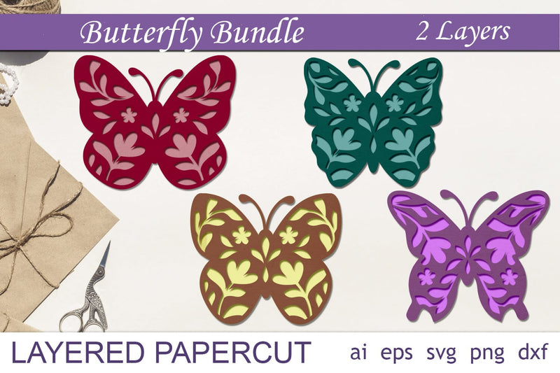 Layered butterflies and flowers svg bundle, Butterfly 3d papercut ...