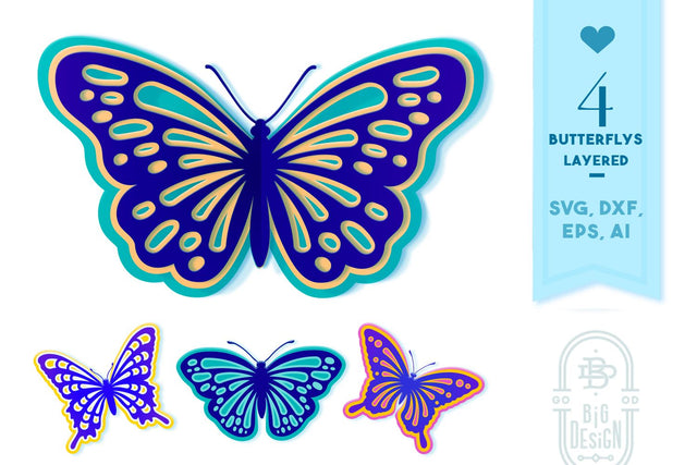 Layered Butterflies SVG | 4 Butterfly Paper Cut SVG Designs SVG Big Design &Co 