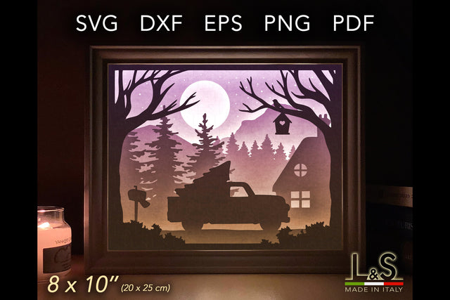 Layered Christmas Pickup Truck Svg | Light Shadow Box Template 3D Paper Lights & Silhouettes 