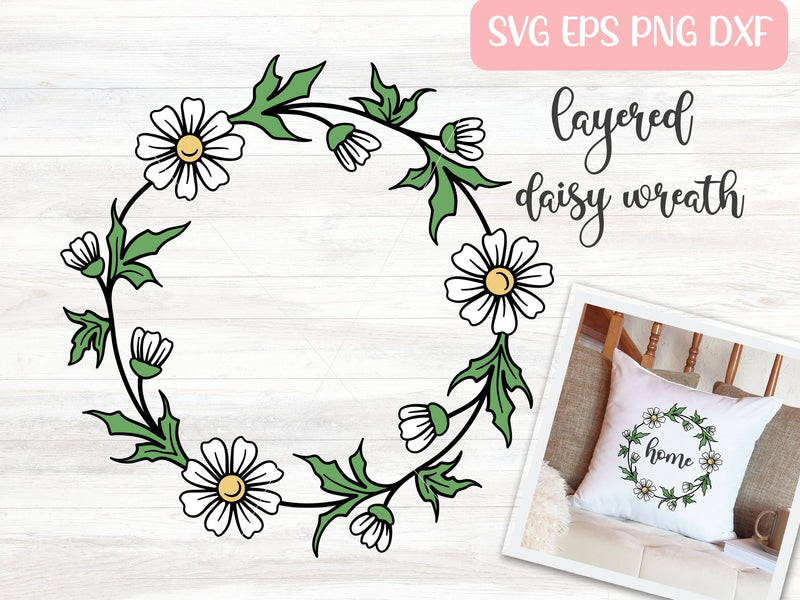 Layered Daisy Floral Wreath SVG Cut File, Daisy Circle Vector, Hand Drawn Daisy Outline Design SVG Apple Grove Designs 