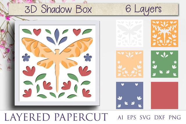 Layered dragonfly with flowers svg, 3d shadow box, Papercut template 3D Paper AnastasiyaArtDesign 