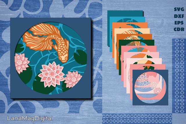 Layered fish in the pond with lotus svg Golden koi fish svg 3D Paper LanaMagDigital 