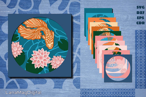 Layered fish in the pond with lotus svg Golden koi fish svg 3D Paper LanaMagDigital 