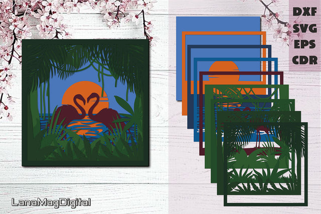 Layered flamingo svg, Tropical sunset, Flamingo Papercut 3D Paper LanaMagDigital 