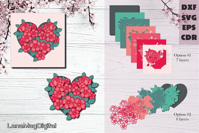 Layered flower heart SVG 3D heart Floral Love Valentines day 3D Paper LanaMagDigital 