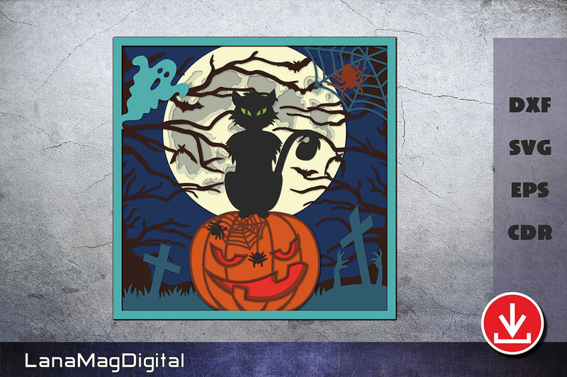 Layered Halloween Cat on Pumkin svg Layered moon Shadow box 3D Paper LanaMagDigital 