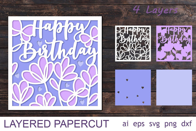 Layered happy birthday card with flowers, 3d Papercut shadow box svg SVG AnastasiyaArtDesign 
