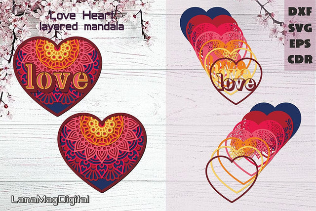Layered heart mandala svg, Valentines day decor svg, Love mandala SVG LanaMagDigital 