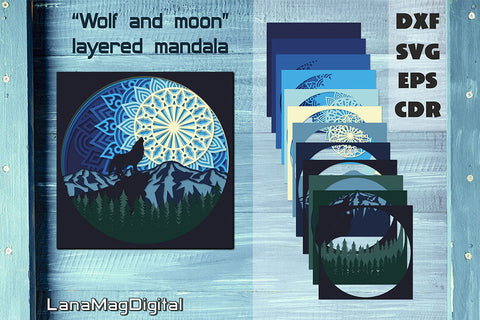 Layered moonlight mandala svg Wolf in Mountain Wild nature 3D Paper LanaMagDigital 