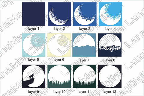 Layered moonlight mandala svg Wolf in Mountain Wild nature 3D Paper LanaMagDigital 