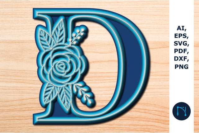 Layered Rose Alphabet D, 3D SVG cut file, laser cut alphabet, mandala alphabet, 5 layer SVG MD JOYNAL ABDIN 