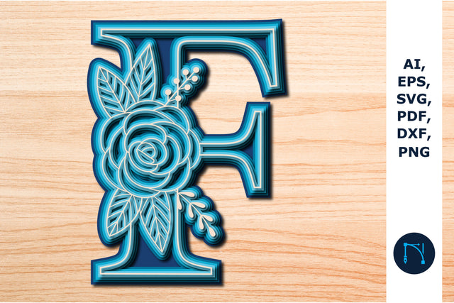 Layered Rose Alphabet F, 3D SVG cut file, laser cut alphabet, mandala alphabet, 5 layer SVG MD JOYNAL ABDIN 