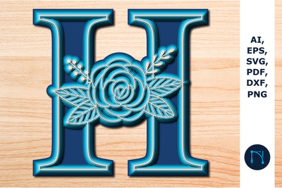 Layered Rose Alphabet H, 3D SVG cut file, laser cut alphabet, mandala alphabet, 5 layer SVG MD JOYNAL ABDIN 