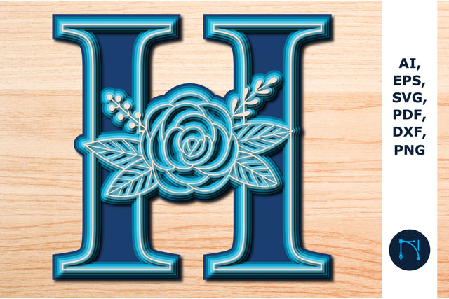 Layered Rose Alphabet H, 3D SVG cut file, laser cut alphabet, mandala alphabet, 5 layer SVG MD JOYNAL ABDIN 