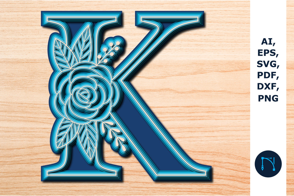 Layered Rose Alphabet K, 3D SVG cut file, laser cut alphabet, mandala ...