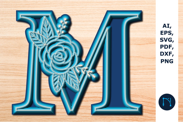 Layered Rose Alphabet M, 3D SVG cut file, laser cut alphabet, mandala alphabet, 5 layer SVG MD JOYNAL ABDIN 