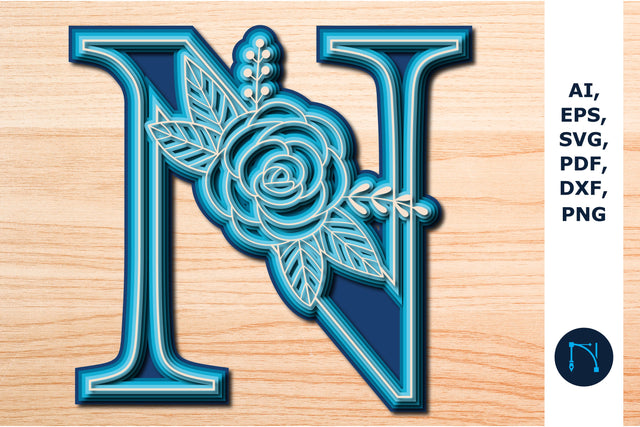 Layered Rose Alphabet N, 3D SVG cut file, laser cut alphabet, mandala alphabet, 5 layer SVG MD JOYNAL ABDIN 