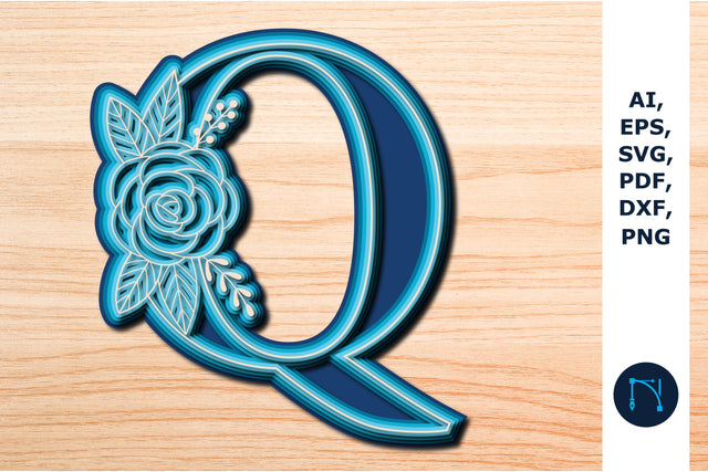 Layered Rose Alphabet Q, 3D SVG cut file, laser cut alphabet, mandala alphabet, 5 layer SVG MD JOYNAL ABDIN 