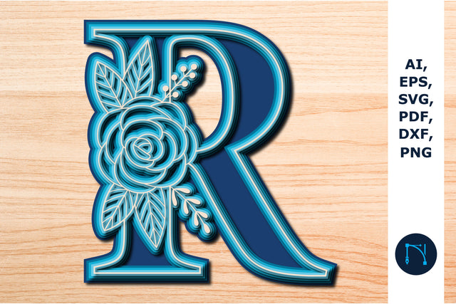 Layered Rose Alphabet R, 3D SVG cut file, laser cut alphabet, mandala alphabet, 5 layer SVG MD JOYNAL ABDIN 