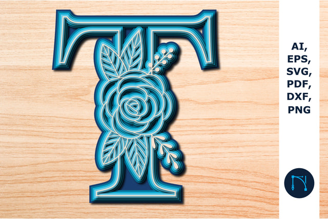 Layered Rose Alphabet T, 3D SVG cut file, laser cut alphabet, mandala alphabet, 5 layer SVG MD JOYNAL ABDIN 