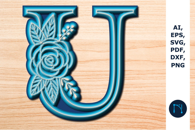 Layered Rose Alphabet U, 3D SVG cut file, laser cut alphabet, mandala alphabet, 5 layer SVG MD JOYNAL ABDIN 