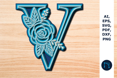 Layered Rose Alphabet V, 3D SVG cut file, laser cut alphabet, mandala alphabet, 5 layer SVG MD JOYNAL ABDIN 