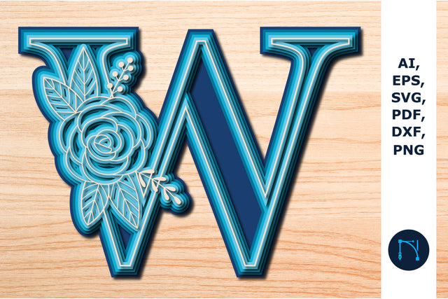 Layered Rose Alphabet W, 3D SVG cut file, laser cut alphabet, mandala alphabet, 5 layer SVG MD JOYNAL ABDIN 