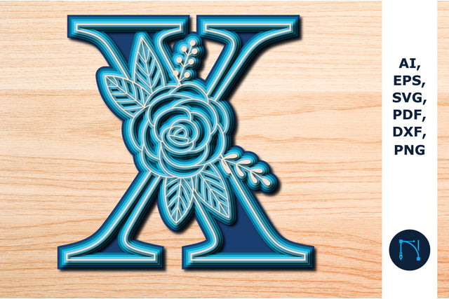 Layered Rose Alphabet X, 3D SVG cut file, laser cut alphabet, mandala alphabet, 5 layer SVG MD JOYNAL ABDIN 