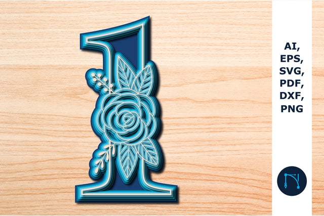 Layered Rose Number 1, 3D SVG cut file, laser-cut number, mandala number, 5 layer SVG MD JOYNAL ABDIN 