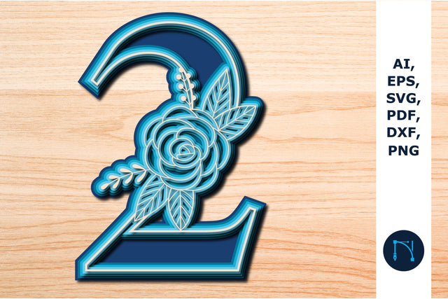Layered Rose Number 2, 3D SVG cut file, laser-cut number, mandala number, 5 layer SVG MD JOYNAL ABDIN 