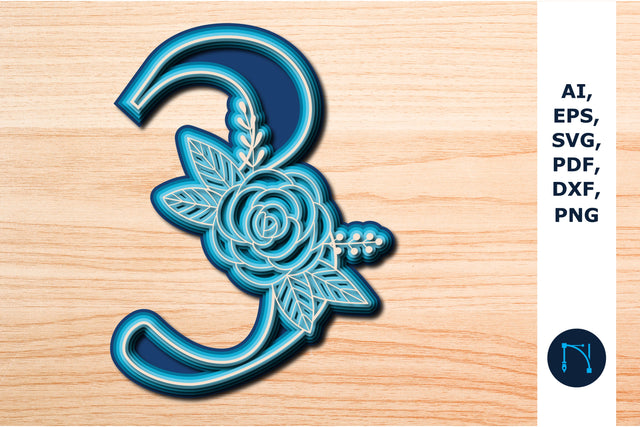 Layered Rose Number 3, 3D SVG cut file, laser-cut number, mandala number, 5 layer SVG MD JOYNAL ABDIN 