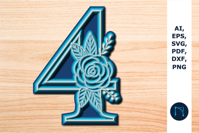 Layered Rose Number 4, 3D SVG cut file, laser-cut number, mandala number, 5 layer SVG MD JOYNAL ABDIN 