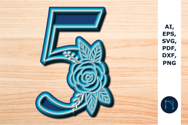 Layered Rose Number 5, 3D SVG cut file, laser-cut number, mandala number, 5 layer SVG MD JOYNAL ABDIN 